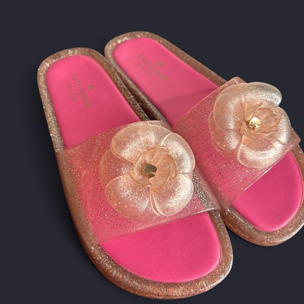 Kate Spade New York Splash Glitter Jelly slide slip-on sandals gold logo